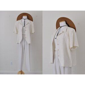 Plus Size Vintage 80s Plaid‎ Rayon/Acetate/Flax Button Down Blouse Size 18/20